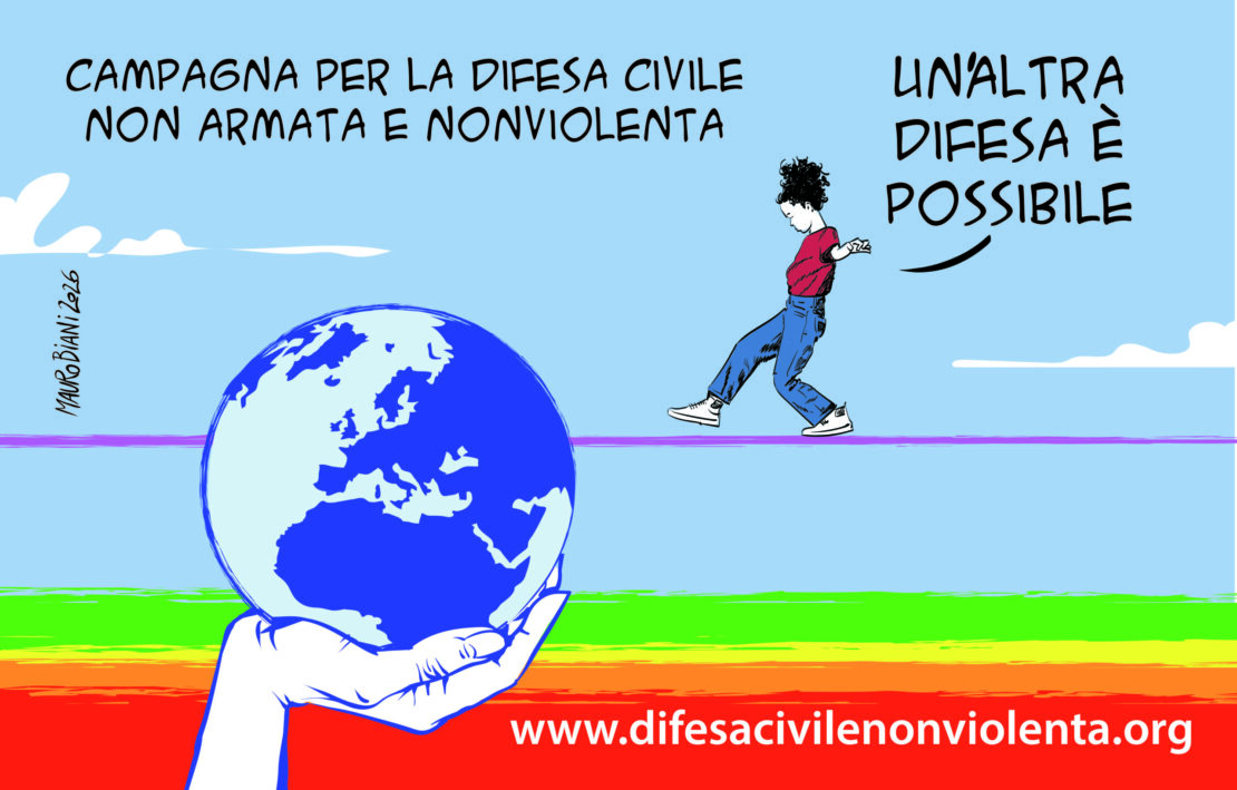 Vignetta d'apertura della raccolta firme per la campagna "Un'altra difesa è possibile!"