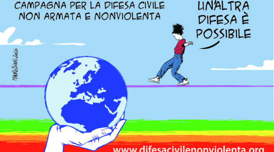 Vignetta d'apertura della raccolta firme per la campagna "Un'altra difesa è possibile!"